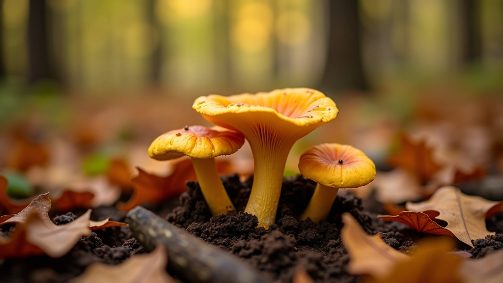 Rūgštynai ir grybų vištos augantys rudenio miške, spalvoti lapai, šlapia žemė